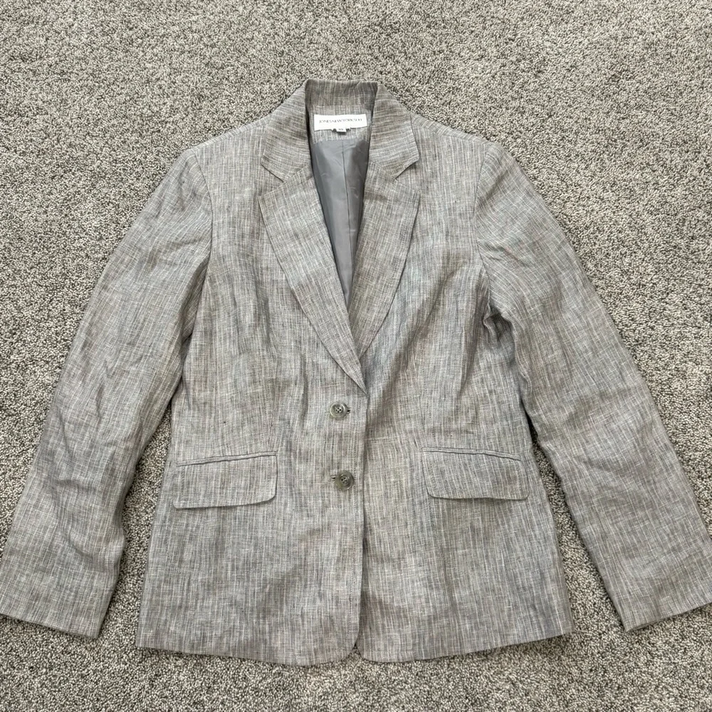 Jones New York Suit 100% Linen Grey Striped 2 Button Blazer Women’s US 10